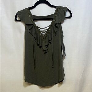 BCX Green Ruffled Tie Front Tank Top